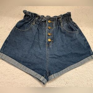SHEIN Dark Blue Paperbag High-Rise Denim Shorts with Gold Buttons